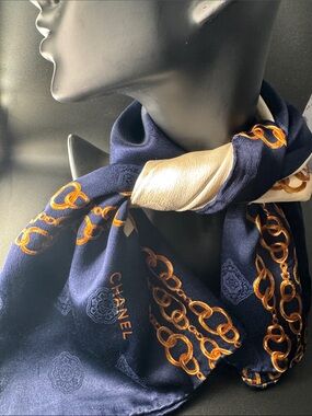 CHANEL Navy, Gold & Cream Chain Motif Silk Scarf